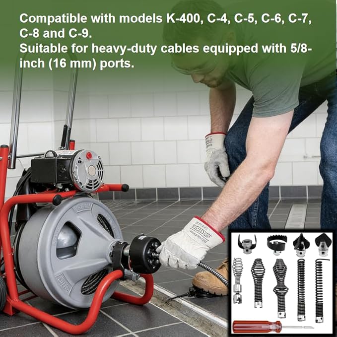10PCS Drain Snake Drill Attachment Kit - Auger Cutter Set for RIDGID K-400, C-4/C-6/C-7/C-8/C-9, 4 Cutters + 5 Spirals Heads & Tips Accessories for 5/8 Inch Drain Cleaning Cables