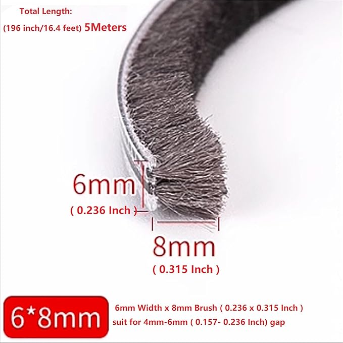 16 Ft (5m) 196 Inch Sliding sash Windows Doors Tape Pile Draught excluder Brush Seal Strip weatherstrip 6mm x 8mm (1/4 5/16 Inch, Gray)