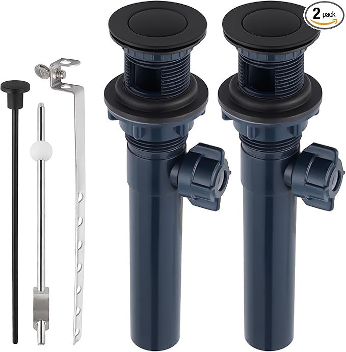2PCS Bathroom Sink Drain with Lift Rod, Pop Up Sink Drain with Overflow, Universal Fit, Matte Black Drain Stopper for Vessel Sink, Assembly for Bathroom Faucet Sink