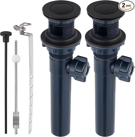 2PCS Bathroom Sink Drain with Lift Rod, Pop Up Sink Drain with Overflow, Universal Fit, Matte Black Drain Stopper for Vessel Sink, Assembly for Bathroom Faucet Sink