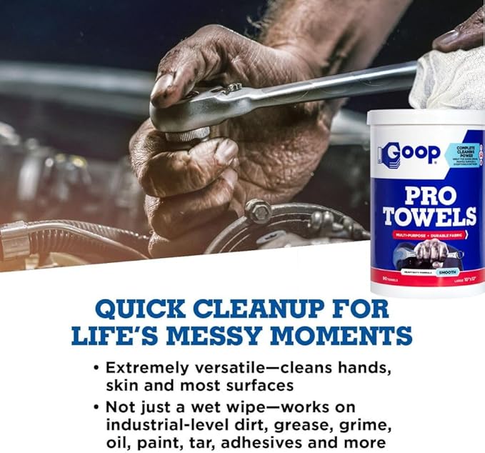 GOOP Pro Towels Heavy-Duty Multi-Surface Cleaning Wipes – Removes Engine Grease, Grime & Paint – Safe for Tools, Machinery & Painted Surfaces – 90 Extra Large 10" x 12" Towels