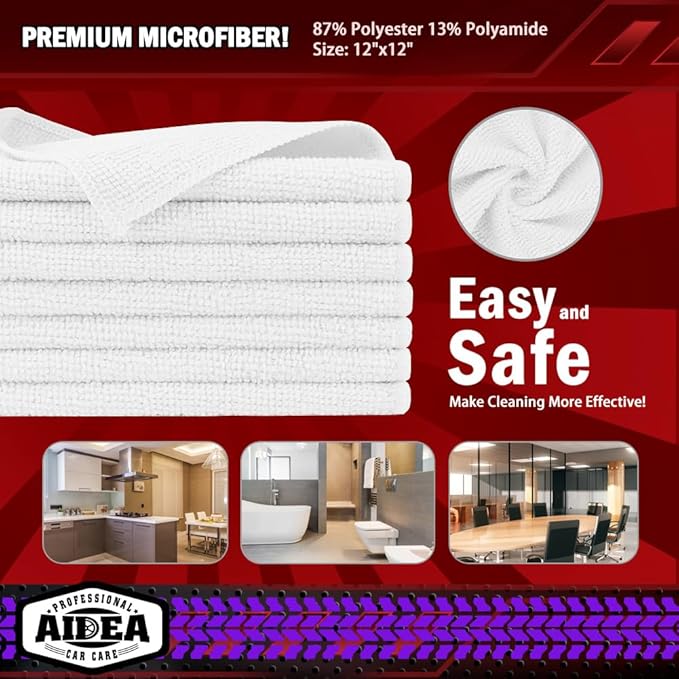 AIDEA Microfiber Cleaning Cloth White, 400PK, Microfiber Towels for Cars, Shop Towels Cleaning Rags, Premium Wash Cloths, Absorbent Towel for SUVs, House, Kitchen, Commercial, Cleaning Supplies 12×12"