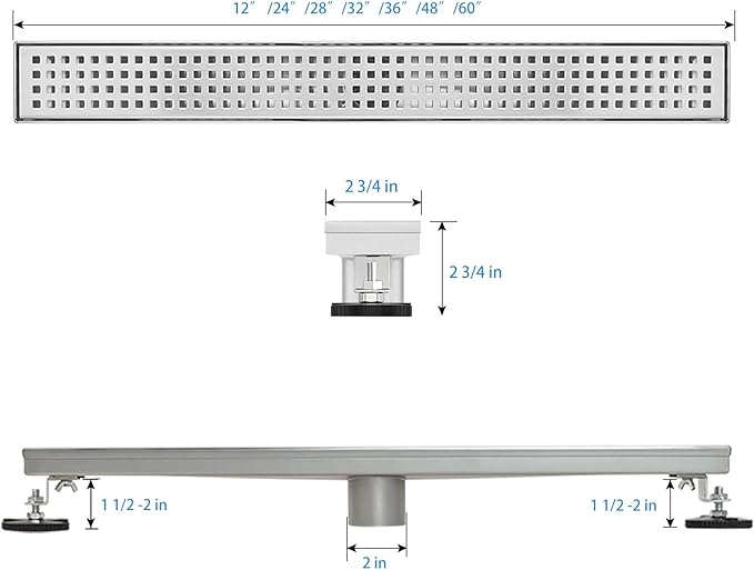 SaniteModar Linear Shower Drain, Shower Drain 36 inch with Removable Square Hole Panel, AISI Brushed 304 Stainless Steel Shower Floor Linear Drain with Adjustable Feet and Hair Strainer