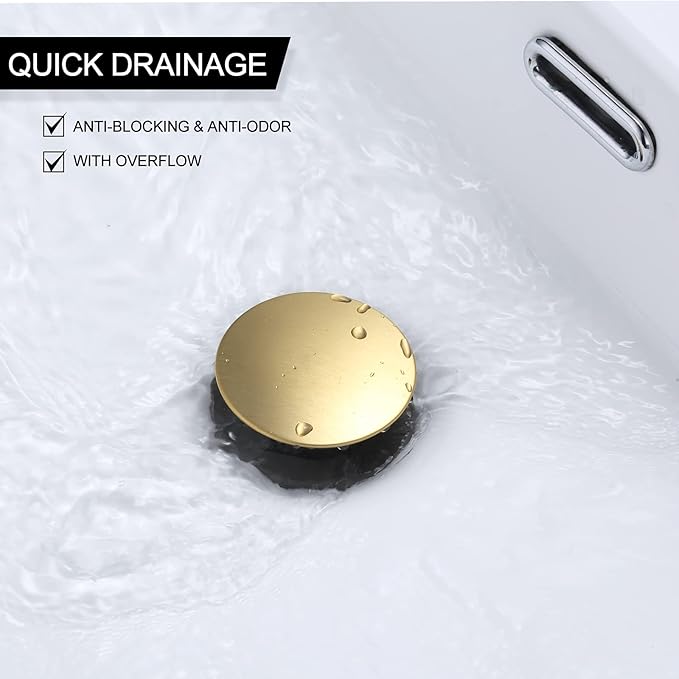 WOWOW Bathroom Sink Drain, Pop Up Drain Stopper for Bathroom Sink and RV Sink, with Overflow, Brushed Gold Vessel Sink Drain, Built-in Anti-Clogging Strainer