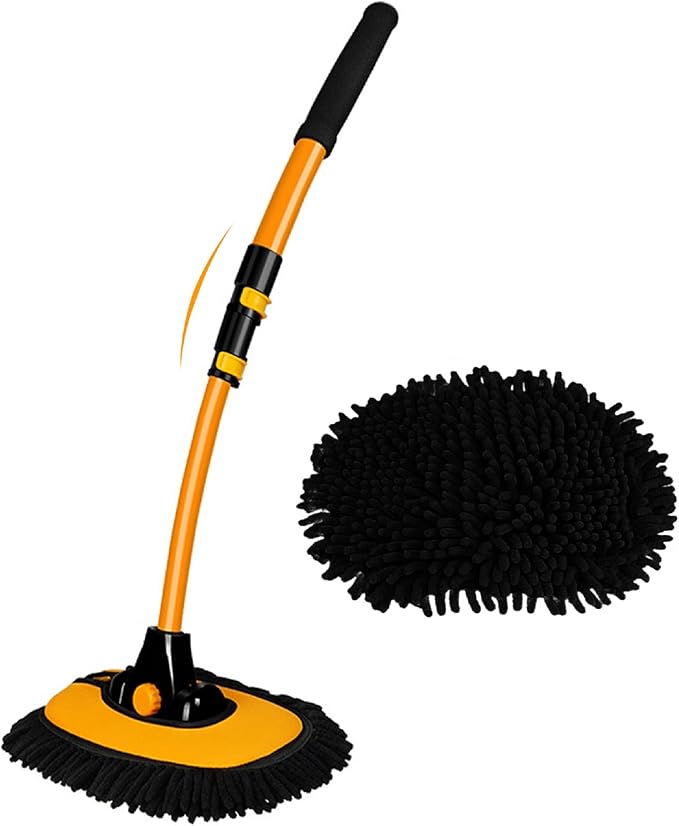 15° Curved Car Cleaning Brush with Telescopic Handle 43" Aluminum Alloy Long Rod Wash Mop For Washing Caravan Van Truck Boat RV Roof Soft Chenille Head Duster Clean Product Not Hurt Paint Scratch Free