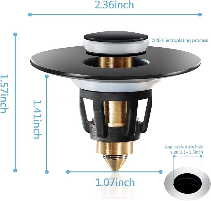 Black Bathroom Sink Stopper – Pop Up Drain Stopper & Sink Strainer, Universal Sink Plug for 1.1" to 1.5" Bathroom Sink Drain Pipes, Matte Black Finish
