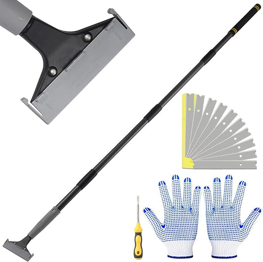 4"Razor Blade Floor Scraper with Long Handle,61in Adjustable Floor Scraper Heavy Duty with 10PCS Extra Metal Blades Paint Scraper for Cleaning Stickers Gum Glass Wall Tile (Black 61in)