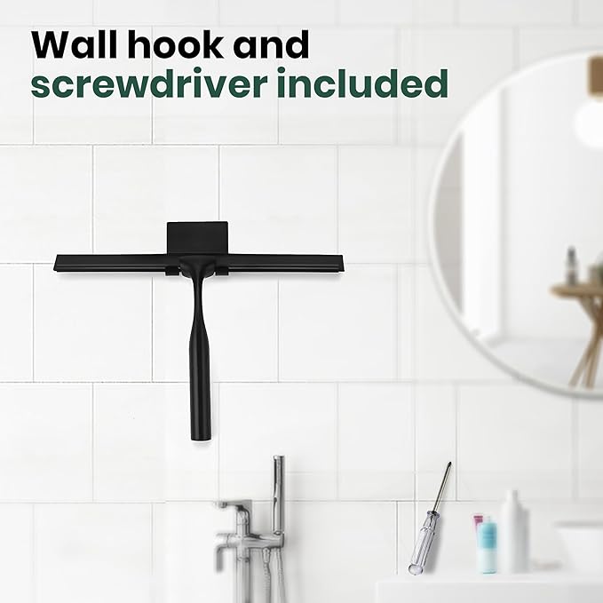 All-Purpose Shower Squeegee with Hook & Screwdriver, Non-Slip Handle, Premium Steel Core, Streak-Free Blade – 11-Inch Glass Cleaner for Shower Doors, Windows, Car Glass & Bathroom