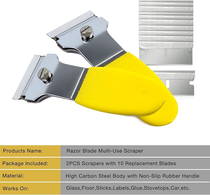 Multi-Purpose Scraper Cleaning Tool 2 Pack Spealloy Razor Blade Scraper Set with 10 Extra Blades Razor Blades Scraper for Stovetop, Wall, Oven, Paint, Caulk, Labels, Adhesive, Sticker, Tile Window