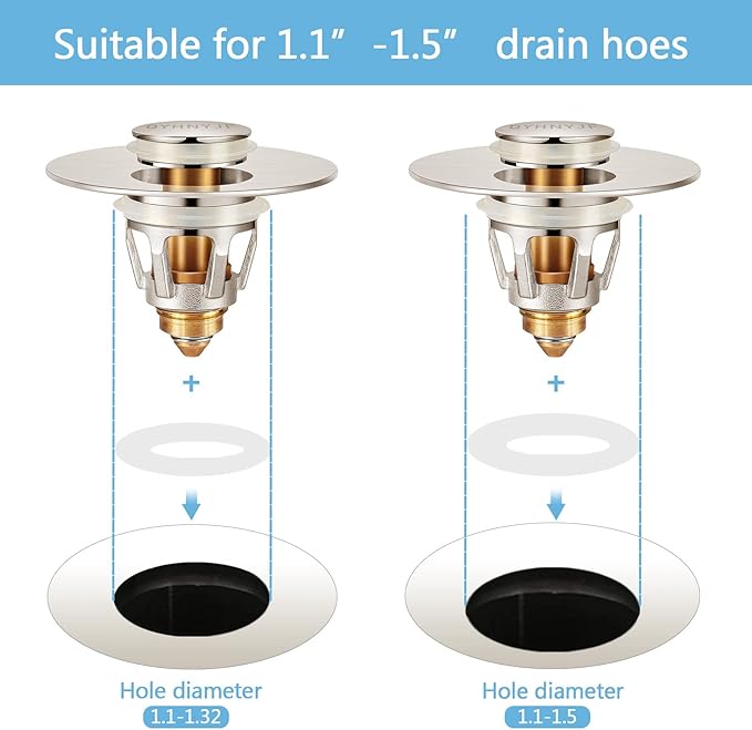 Bathroom Sink Stoppers Brushed Nickel – Pop Up Drain Stopper & Strainer, 2-in-1 Universal Sink Stopper for 1.1" to 1.5" Bathroom Sink Drain Pipes, Brushed Nickel Finish