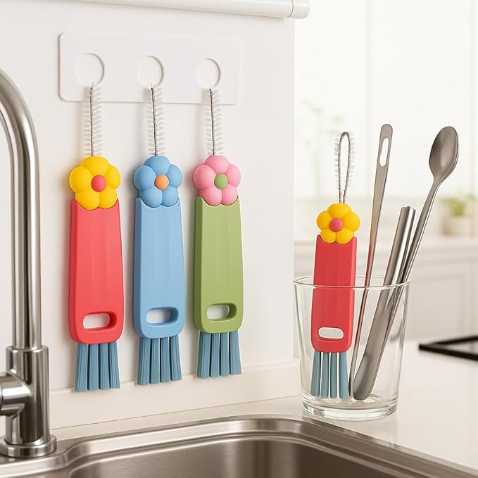 3 in 1 Cup Lid Cleaning Brush, 3PCS Multifunctional Cup Lid Cleaning Brushes with Scraper, Crevice, Angled Brush, for Coffee Mugs, Water Bottles, Tumblers (3)