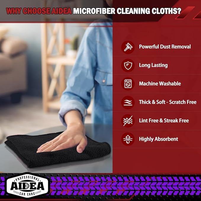 AIDEA Microfiber Cleaning Cloth Black, 400PK, Microfiber Towels for Cars, Shop Towels Cleaning Rags, Premium Wash Cloths, Absorbent Towel for SUVs, House, Kitchen, Commercial, Cleaning Supplies 12×12"