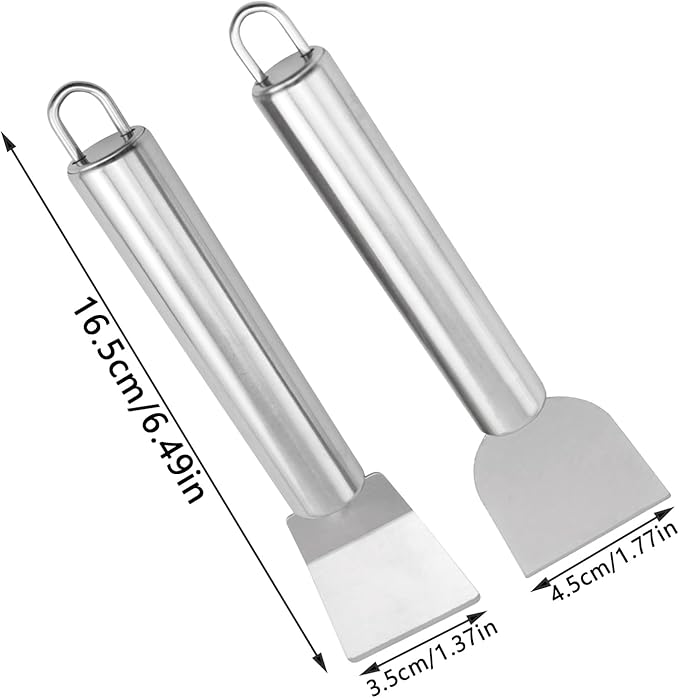 2PCS Stainless Steel Small Cleaning Spatula Multifunctional Kitchen Household Gadgets Refrigerator Defrosting Ice Scoop Round Handle Grease Spatula For Oven Stove Scraper