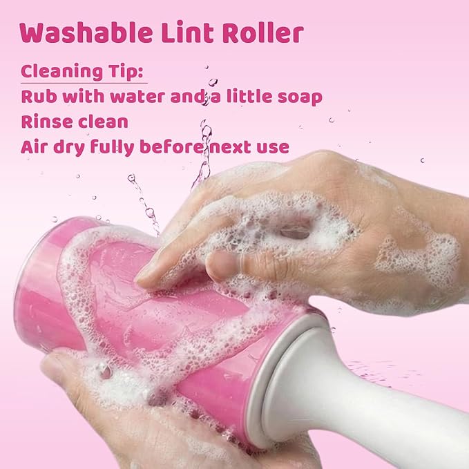 Washable Gel Lint Roller 2 Pack, Reusable Sticky Lint Roller Portable Pet Hair Remover Cleaner for Clothes, Travel, Home, Large with Cover, Pink