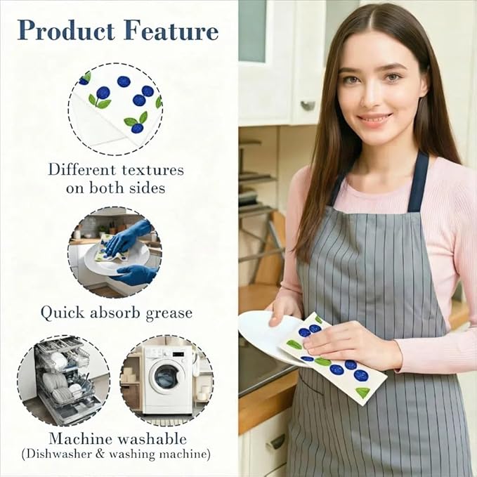 Swedish Dishcloths & Cleaning Cloths for Kitchen, 8 Pack - Reusable, Super Absorbent, Cellulose, Odor-Free, Biodegradable, Washable & Dishwasher Safe (Fruit Printed Design)