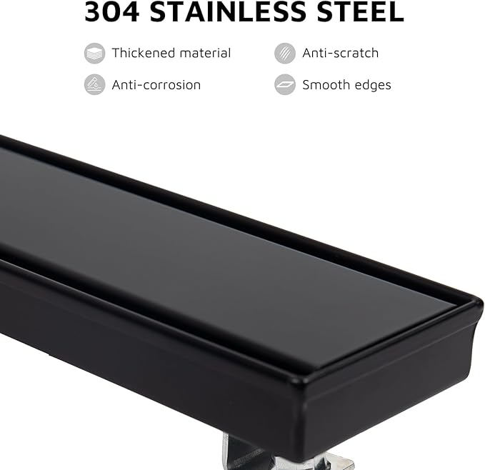 12 Inch Linear Shower Drain Matte Black, Rectangular Reversible 2 in 1 Tile Insert Grate, 304 Stainless Steel Shower Floor Drain Kit, Hair Catcher, Leveling Feet