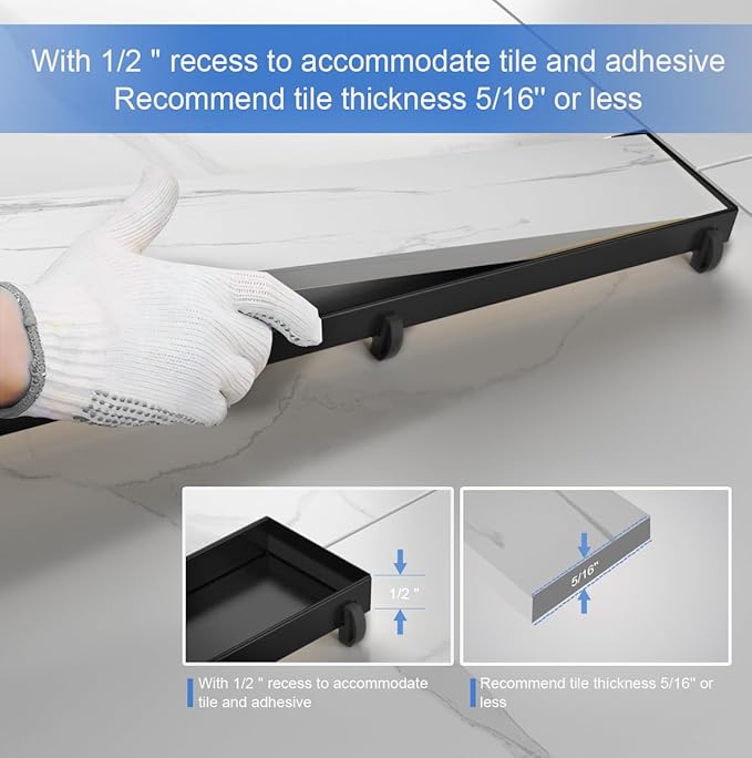 28-Inch Linear Shower Drain with Tile Insert Grate, SUS 304 Stainless Steel Linear Drain, Matte Black Long Rectangle Shower Floor Drain with Leveling Feet, Hair Strainer, Fits Bathroom