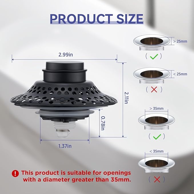 Universal Bathtub Drain Stopper with Removable Hair Catcher, 3-in-1 Pop-up Drain Plug Fits 1.38 to 2.1 Inch Holes, Upgrade Shower Drain Cover with Stainless Steel Filter