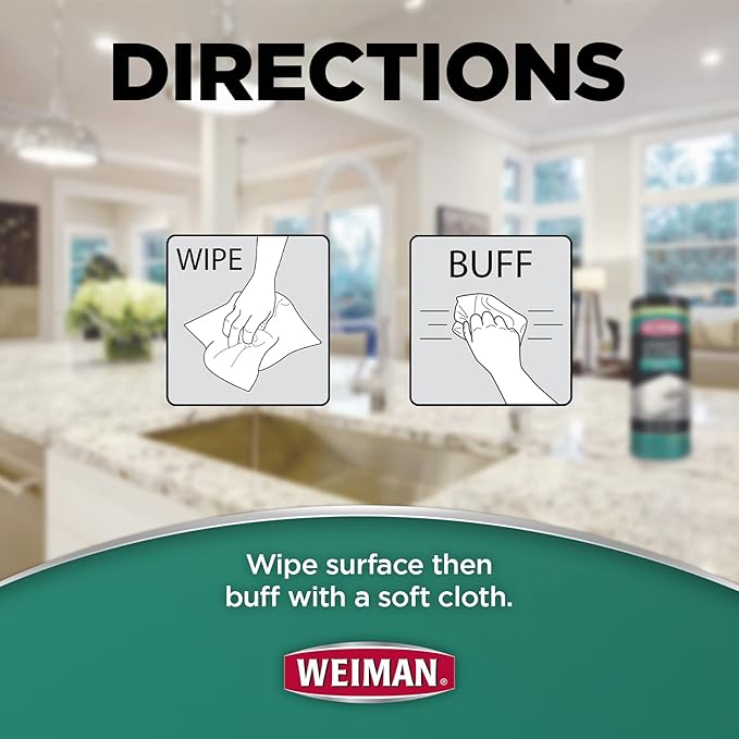 Weiman Granite Cleaner and Polish - 30 Wipes - For Granite Marble Soapstone Quartz Quartzite Slate Limestone Corian Laminate Tile Countertop and More (Pack of 1), Package May Vary