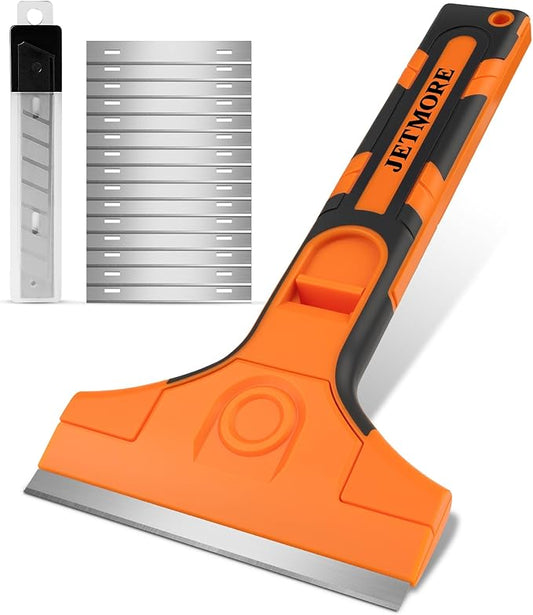 Razor Blade Scraper, Scraper Tool with 15 PCS SK5 Steel Blades, Razor Scraper, Ergonomic Handle with Blade Storage Box, Scraper for Cleaning Windows, Glass, Oven, Stove, Kitchen, Floor, Paint