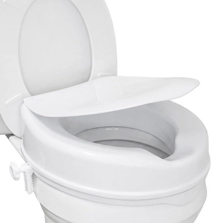 HealthSmart Locking Raised Toilet Seat Riser for Seniors, 4" Elevation with Lid, Fits Round and Elongated Toilet Bowls, Secure Easy Locking Clamps, 418 lb Capacity, Quick Assembly