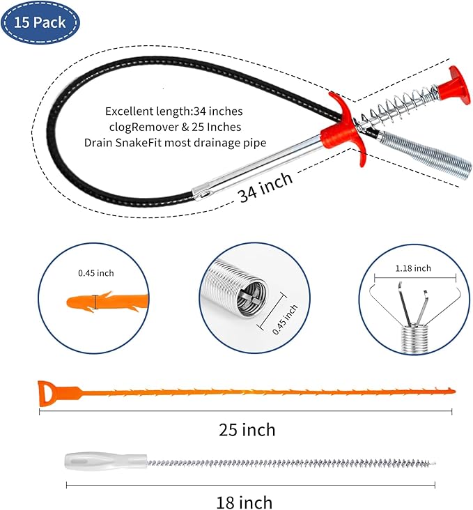 34inch Drain Snake (1pc), 25inch Hair Drain Clog Remover (10 pcs) & 18Inch Cleaner Brush (2 pcs), Sink Plumbing Snake Drain Tool Unclogger Tool Set For Kitchen, Bathroom Tub, Sewer, Toilet