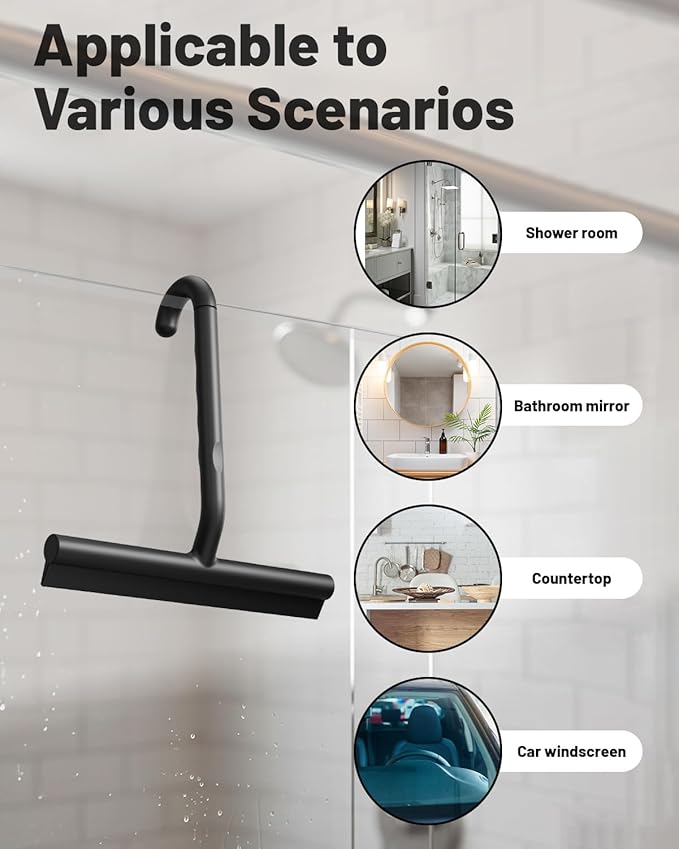Silicone Shower Squeegee with Hook,Dual-Sided Design with Scraper & Scrub Surface, Shower Squeegee for Glass Doors (Classic Black)