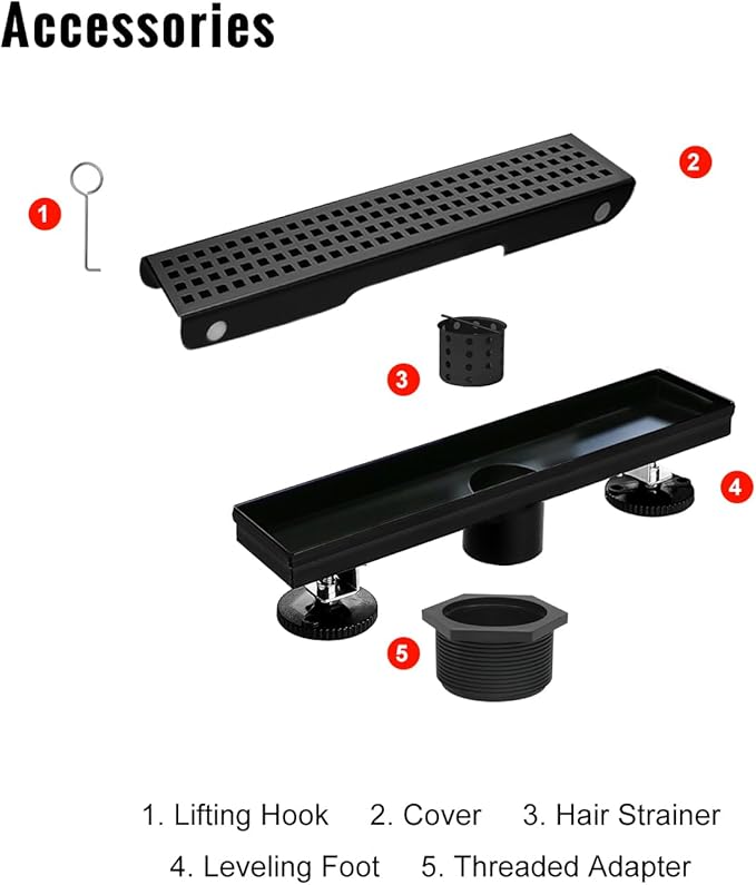 SaniteModar Linear Shower Drain, Black Shower Drain 12 inch with Square Hole Panel, Matte Black Linear Drain with Hair Strainer and Leveling feet