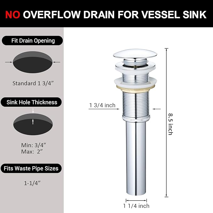Bathroom Vessel Sink Drain Without Overflow for Big 1 3/4" Drain Opening Only - Pop Up Drain,Chrome,Y1618W-CH