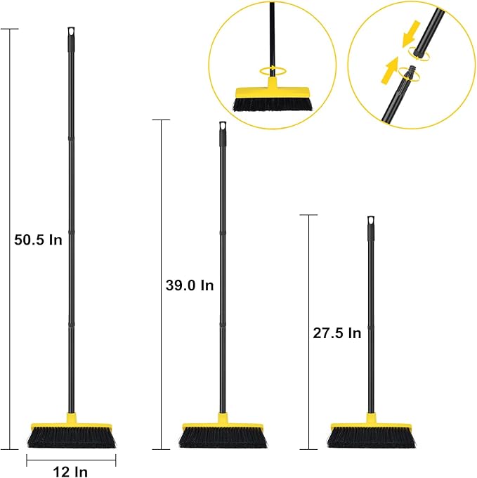 Push Broom Outdoor Indoor Broom 12" Wide,50" Long Handle with Stiff Bristles for Cleaning Scrubbing Deck Driveway Yard Patio Wood Stone Tile Floor