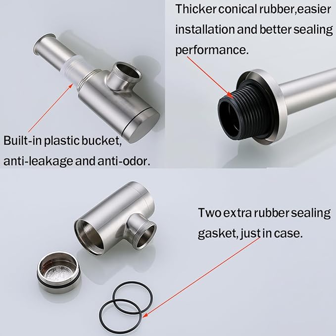 RANDOM Brushed Nickel Brass Bottle P Trap Kit Contemporary Round Bottle P-Trap 1 1/4 with Pop Up Drain with Overflow.83888BN-S6