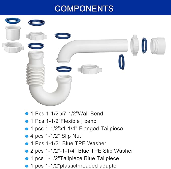 (1 Pack) Yariwiz White P Trap 1-1/2 Inch for Bathroom Kitchen Sink Drain Pipe Tubular Kit with Adjustable J-Bend, Tailpiece, Threaded Adapter and Blue TPE Washer KSD-008W