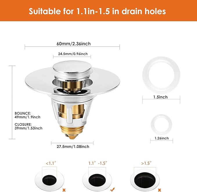 Universal Bathroom Sink Stopper, Basin Pop-up Bathroom Sink Drain Strainer, Bathroom Drain Stopper with Stainless Steel Hair Catcher for 1.1-1.5 Inch Drain(2 PCS, Silver)