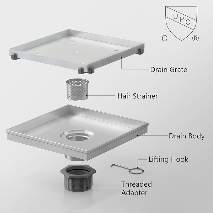Sharpeye 8 Inch Square Shower Drain with Removable Tile Insert Grate, Brushed 304 Stainless Steel Square Shower Floor Drain, Includes Hair Strainer, CUPC Certified