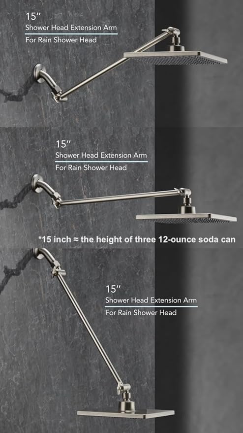 15 Inch Extra Long Adjustable Shower Head Extension Arm With Locking Set Screw, Singing Rain 304 Stainless Steel Angle Height Adjustable, G1/2 Universal Connector Compatible (Nickel Brushed)