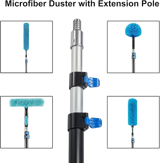 20 Foot High Ceiling Fan Duster with 5-12ft Extension Pole, Extendable Reusable Cobweb, Feather, Window Cleaning Squeegee Kit