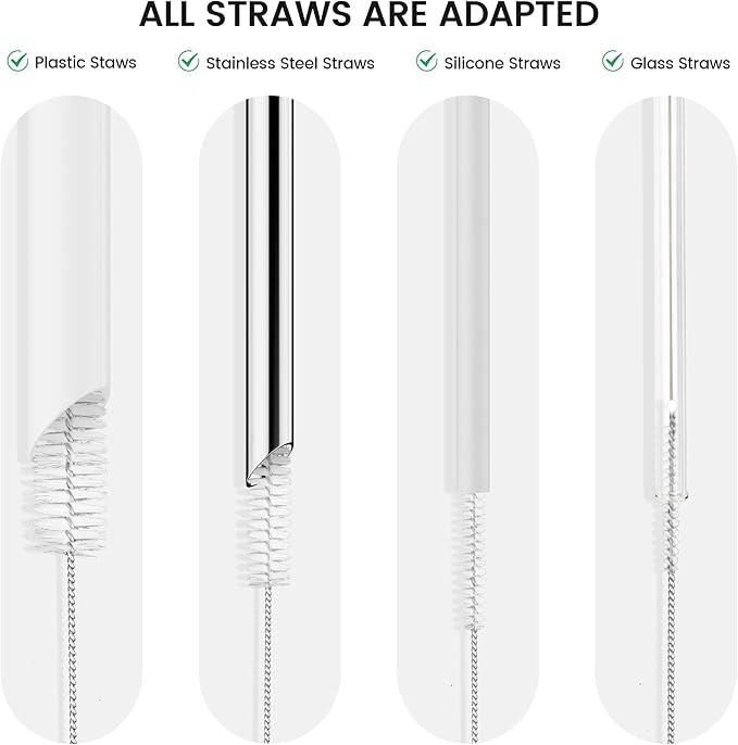 10 Pack Reusable Straw Cleaner Brushes, Assorted Sizes with Extra Long Stainless Steel Handles & Flexible Nylon Bristles, Straw Brush Cleaner for Tumblers, Sippy Cups, Bottles, Pipes & Tubes (White)