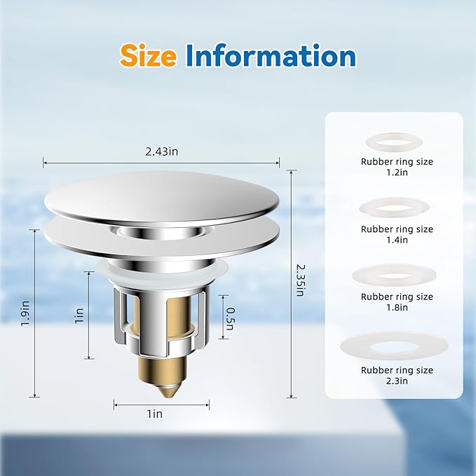 Universal Bathroom Sink Stopper, Metal Pop Up Sink Drain Strainer with Detachable Hair Catcher, Fits 1.1"-2.36" US Basin, Wash Basin Drain Plug with Big/Small Cover Cap, Brass Bounce Core, Chrome