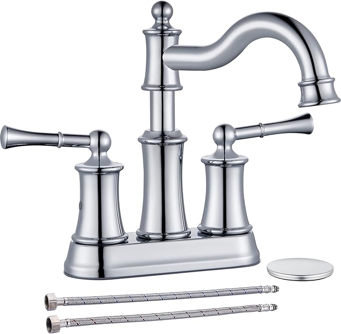 Roman Bathroom Sink Faucet Deck Mount or Wall Mount Installation Pop-up Drain Assembly with Overflow Deck Plate and Water Supply Lines Included (2 Hole Deck Mount, Chrome)