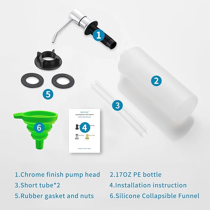 Built in Soap Dispenser for Kitchen Sink, Chrome Stainless Steel Countertop Pump Head (Plastic Inside), Dish Soap Hand Lotion Dispenser with Refillable 17OZ Bottle