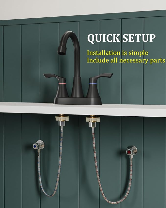 2 Pack Matte Black Bathroom Faucet 3 Hole, Evolvegoods 4 Inch Stainless Steel Bathroom Sink Faucet, 2 Handle Centerset Faucet for Bathroom Sink Vanity, with Pop Up Drain and 2 Supply Hoses