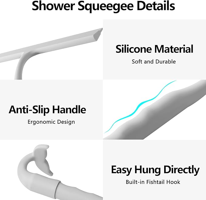 Shower Squeegee for Glass Doors, 2-in-1 Silicone Shower Squeegee with Hook,Hang Anywhere | Streak-Free Bathroom Squeegee | Household Window Mirror Squeegee for Bathroom, Glass, Tile Wall, Car | Gray