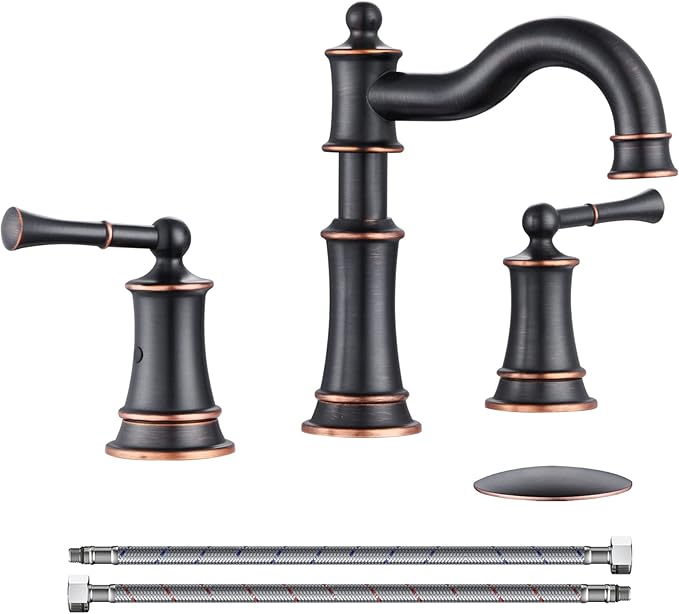 Roman Bathroom Sink Faucet Deck Mount or Wall Mount Installation Pop-up Drain Assembly with Overflow Deck Plate and Water Supply Lines Included (3 Hole Deck Mount, ORB)