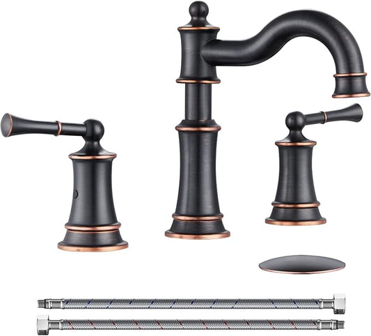 Roman Bathroom Sink Faucet Deck Mount or Wall Mount Installation Pop-up Drain Assembly with Overflow Deck Plate and Water Supply Lines Included (3 Hole Deck Mount, ORB)