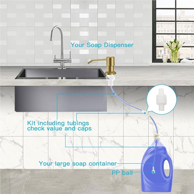 OHiHi Dish Soap Dispenser for Kitchen Sink, Countertop Sink Soap Dispenser Water Pump with 47” No-Spill Extension Tube Kit Design for Kitchen Bathroom, Easy to Press, No More Refills （Golden）