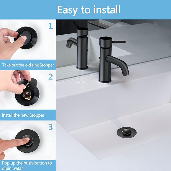 Black Bathroom Sink Stopper – Pop Up Drain Stopper & Sink Strainer, Universal Sink Plug for 1.1" to 1.5" Bathroom Sink Drain Pipes, Matte Black Finish
