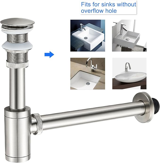 MENATT Solid Brass Bathroom Sink Stopper P-Trap Complete Set, Adjustable Bathroom Bottle Trap Sink Drain Kit and Pop Up Drain Without Overflow, Brushed Nickel