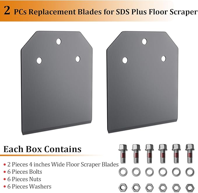 2 Pcs SDS Plus Floor Scraper Replacement Blades, TOOVEM 4 Inch Wide Tile Thinset & Adhesives Removal Blades with Bolts, Nuts, and Washers for 4" x 10" SDS Plus Floor Scrapers
