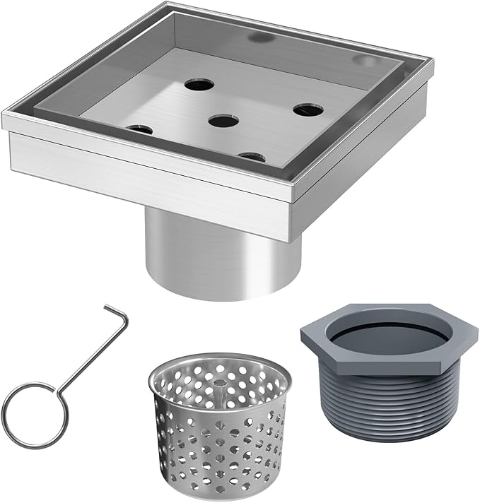 Sharpeye 4 Inch Square Shower Drain with Removable Tile Insert Grate, Brushed 304 Stainless Steel Square Shower Floor Drain, Includes Hair Strainer, CUPC Certified