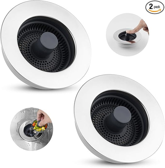 Hibbent 2 Pack 3 in 1 Kitchen Sink Drain Strainer, Stainless Steel Wrapped Shell Drain Stopper Combo, Pop Up Sink Stopper, Anti-Clogging Basket Strainer with Handle for US Standard 3-1/2" Drain